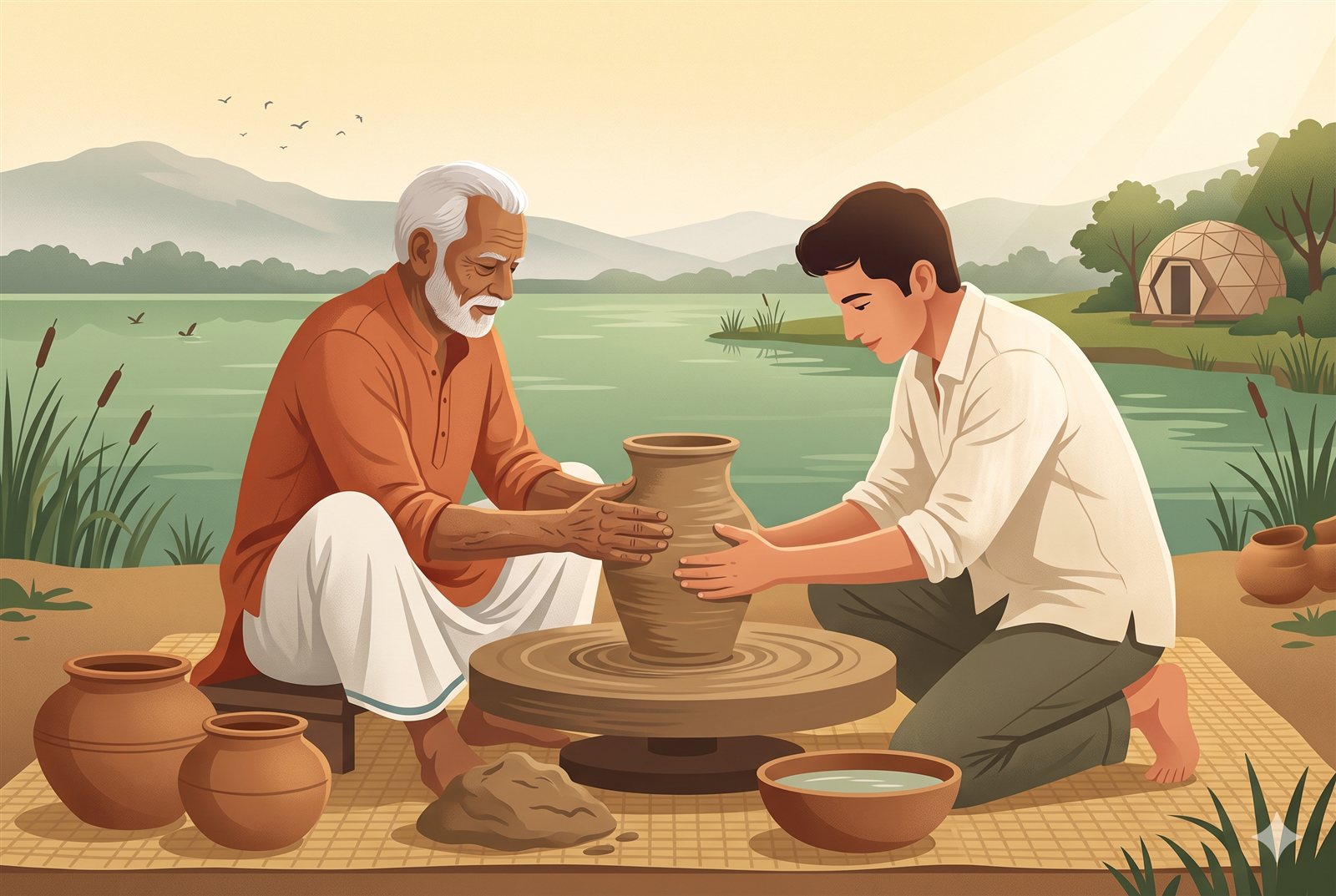 A guest shaping a clay pot on the wheel alongside a potter from the neighbouring village, beside Marasandra Lake